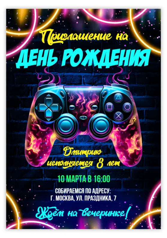 Приглашение на день рождения в стиле игрового неона