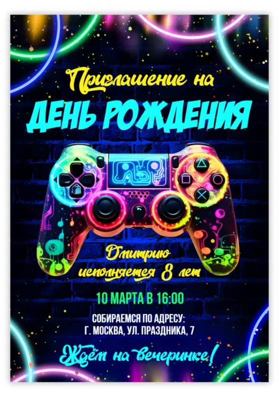 Приглашение на день рождения с неоновым геймпадом