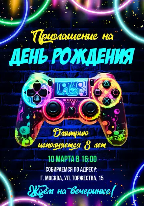 Приглашение на день рождения с неоновым геймпадом