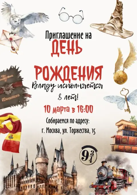 Приглашение на день рождения с магией Хогвартса и совами