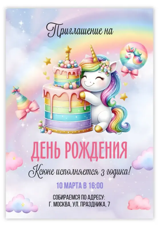 Приглашение на день рождения с радужным единорогом и тортом