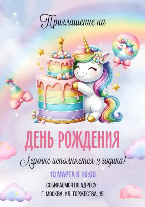 Приглашение на день рождения с радужным единорогом и тортом
