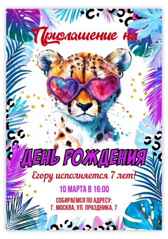 Приглашение на день рождения с гепардом в очках