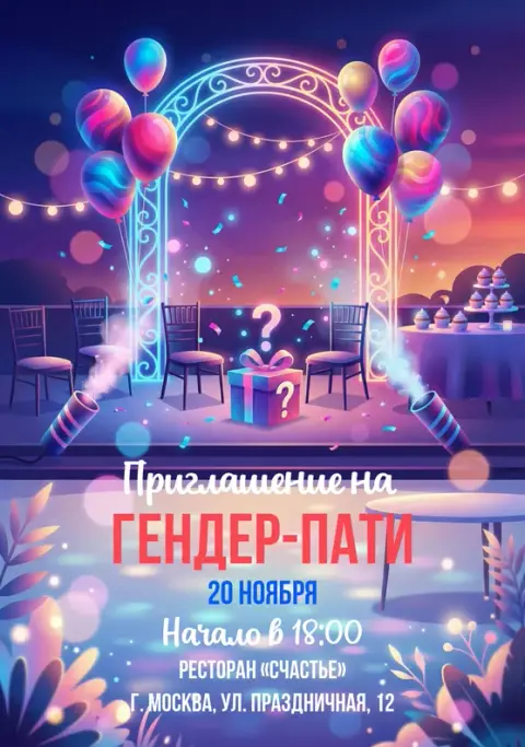Приглашение на гендер-пати с неоновой аркой и шарами