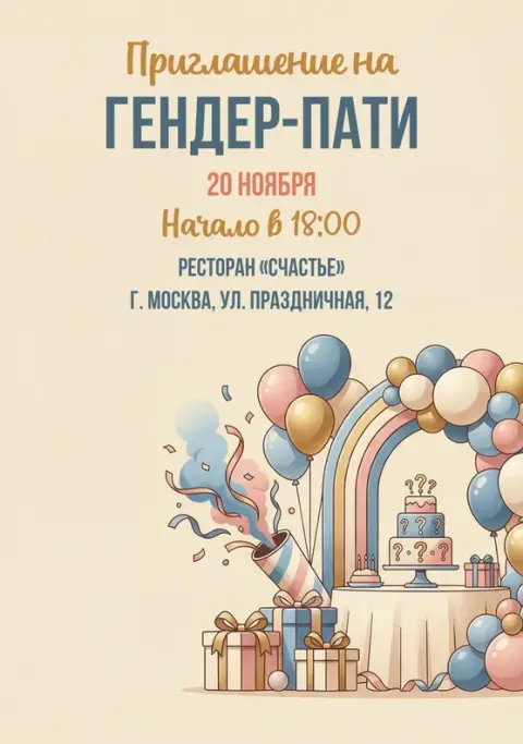Приглашение на гендер-пати с радугой и шарами