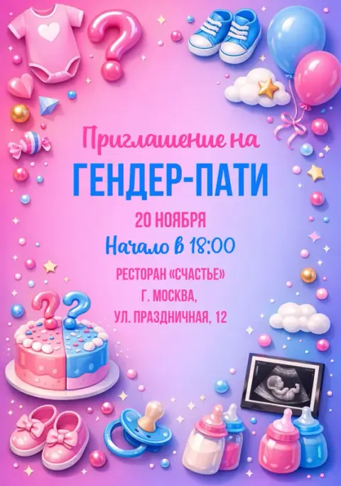 Приглашение на праздник выбора пола в нежно-розовых и голубых тонах