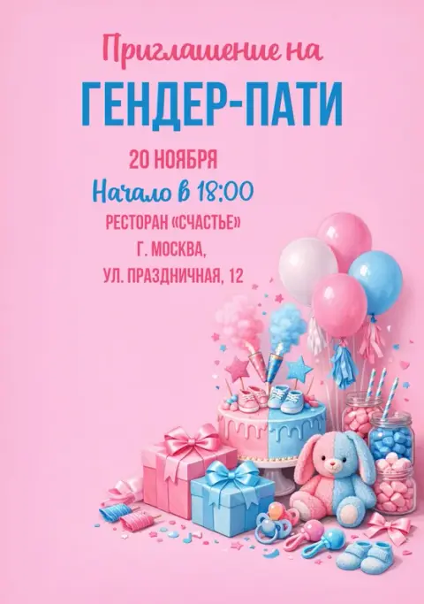 Приглашение на гендер-пати с тортом и подарками