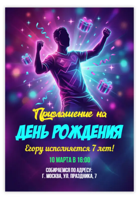 Приглашение на день рождения в неоновом стиле с футболистом