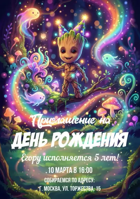 Приглашение на день рождения в радужном лесу с Грутом