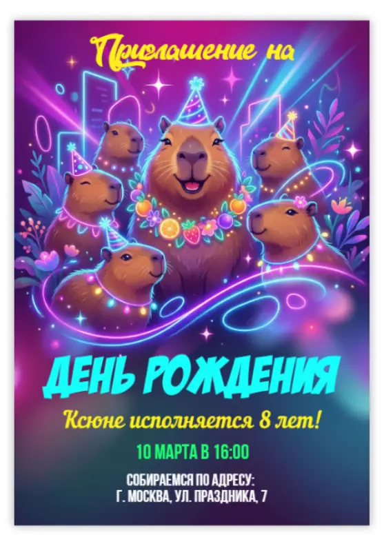Приглашение на день рождения с милыми капибарами в неоновом стиле