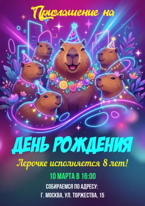 Приглашение на день рождения с милыми капибарами в неоновом стиле