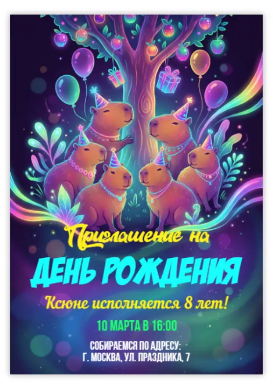 Приглашение на день рождения с веселыми капибарами