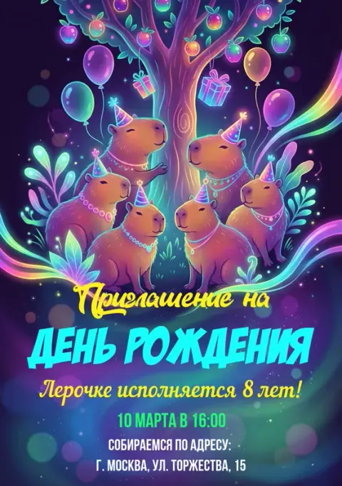 Приглашение на день рождения с веселыми капибарами