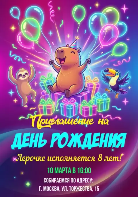 Приглашение на день рождения с Капибарой и друзьями