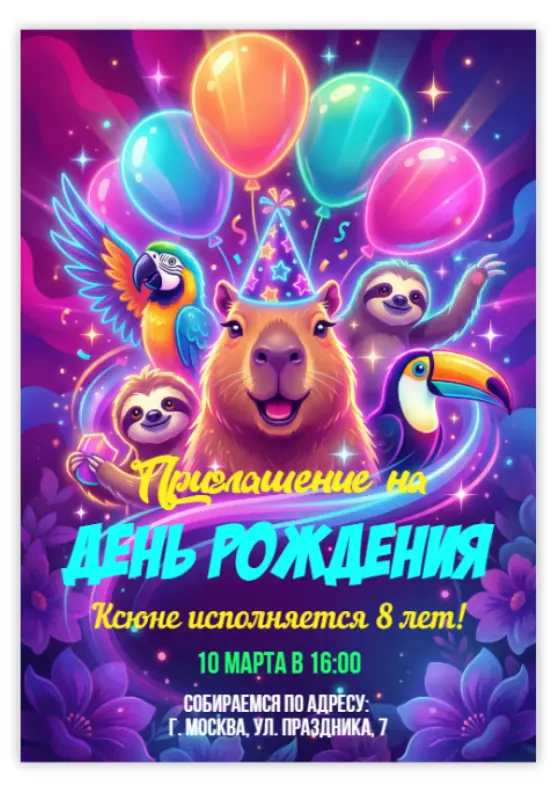 Приглашение на день рождения с капибарой и попугаем