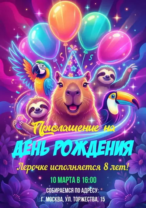 Приглашение на день рождения с капибарой и попугаем