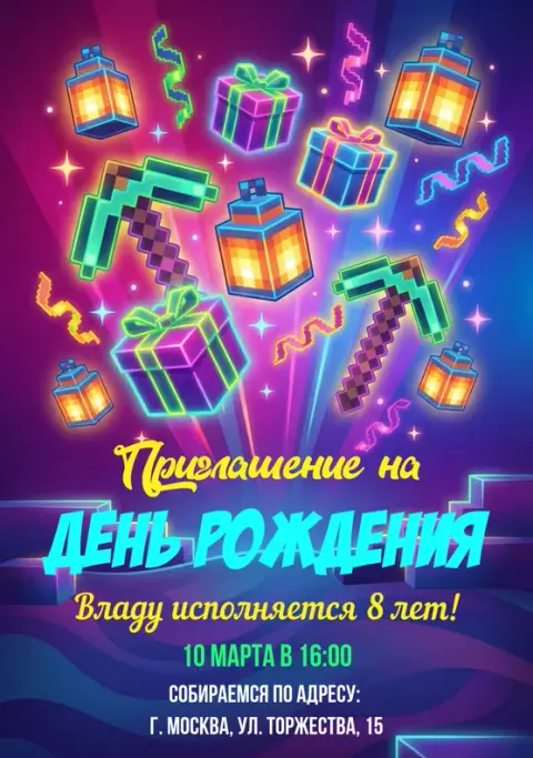 Приглашение на пиксельный праздник с подарками