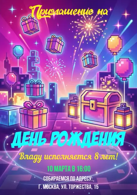 Приглашение на день рождения в стиле пиксельной вечеринки