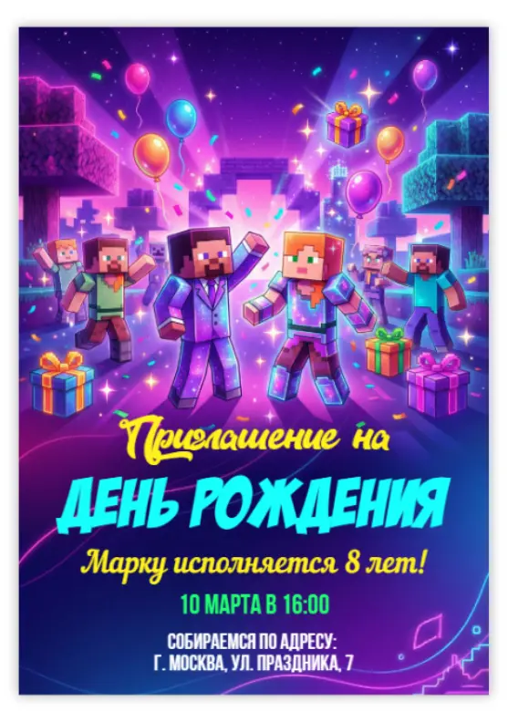 Приглашение на день рождения в стиле кубического мира