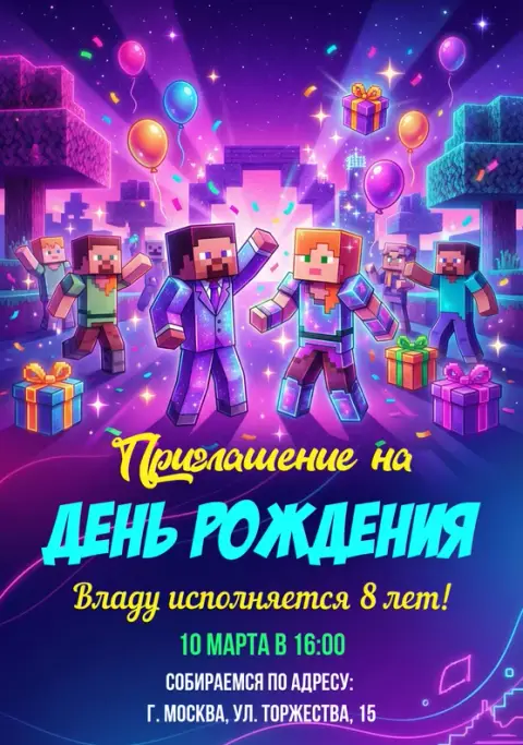 Приглашение на день рождения в стиле кубического мира