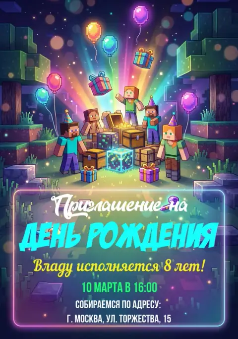 Приглашение на день рождения в стиле Майнкрафт с подарками