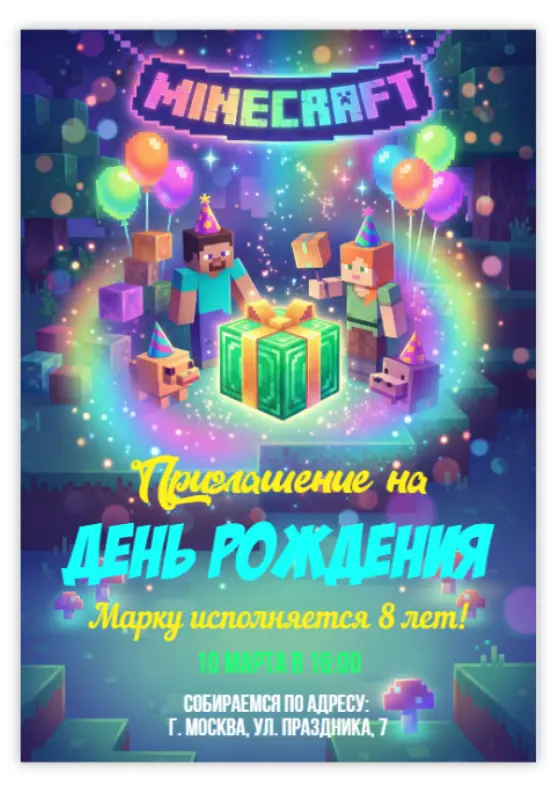 Приглашение на день рождения в стиле Майнкрафт с подарком