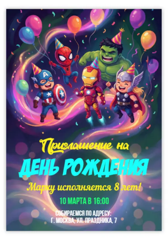 Приглашение на день рождения с супергероями и шарами