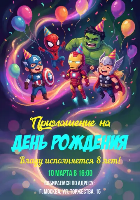 Приглашение на день рождения с супергероями и шарами