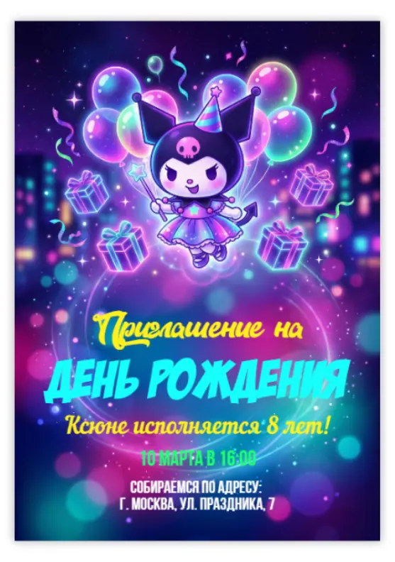 Приглашение на день рождения с фиолетовой Куроми и подарками
