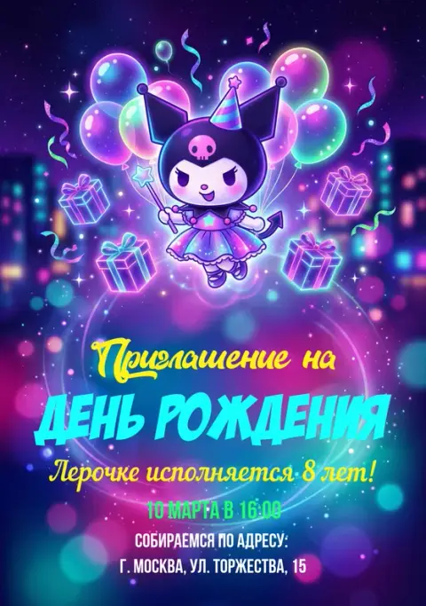 Приглашение на день рождения с фиолетовой Куроми и подарками