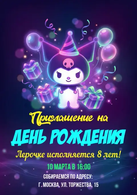Приглашение на день рождения в неоновых тонах