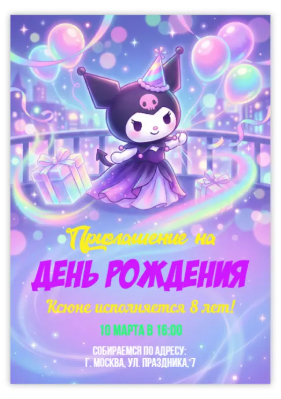 Приглашение на детский день рождения в сиреневых тонах