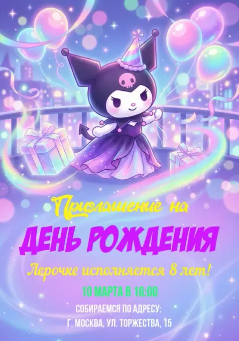 Приглашение на детский день рождения в сиреневых тонах