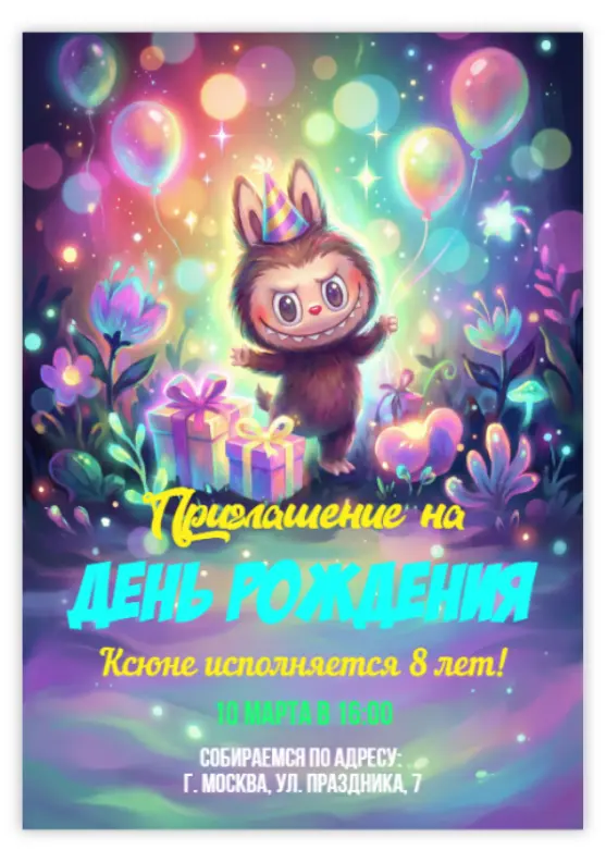 Приглашение на день рождения с волшебными огоньками и подарками