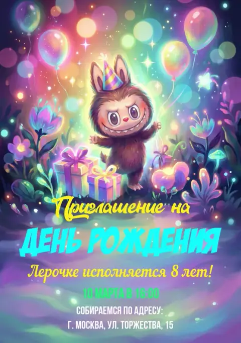 Приглашение на день рождения с волшебными огоньками и подарками
