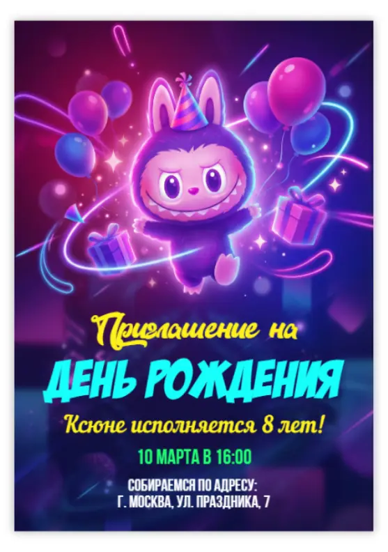 Приглашение на день рождения с фиолетовым монстриком и неон