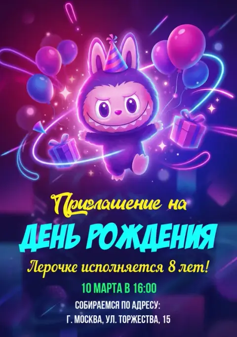 Приглашение на день рождения с фиолетовым монстриком и неон