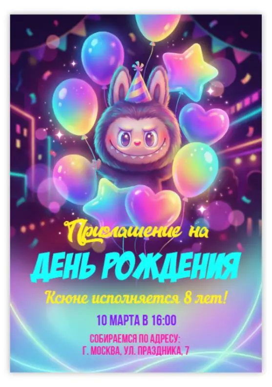 Приглашение на день рождения с милым монстриком и шарами