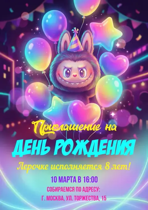 Приглашение на день рождения с милым монстриком и шарами