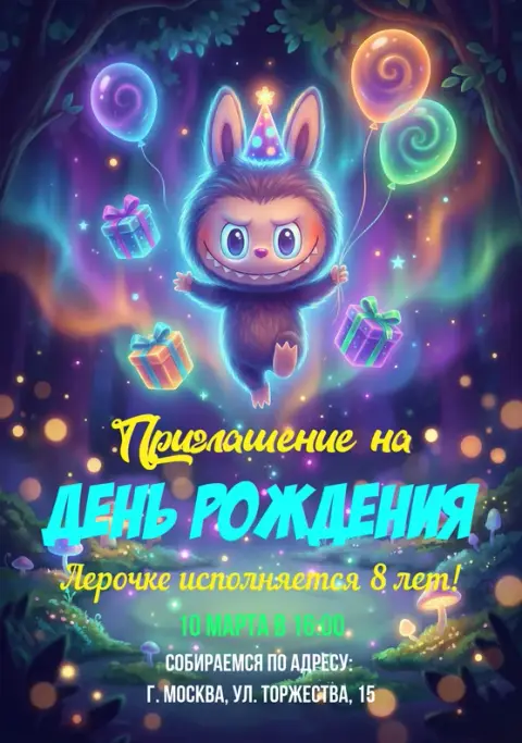 Приглашение на день рождения с волшебным лесом и монстриком