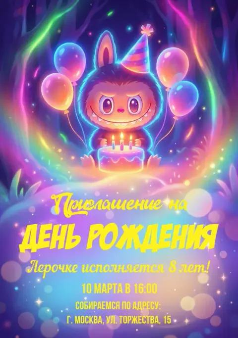 Приглашение на день рождения с ярким монстриком и радужным сиянием