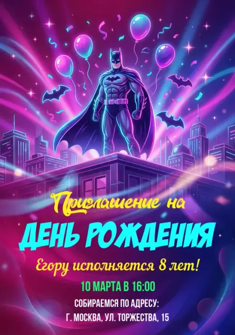 Приглашение на день рождения в стиле неона и супергероев