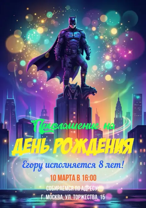 Приглашение на день рождения в стиле ночного мегаполиса с супергероем
