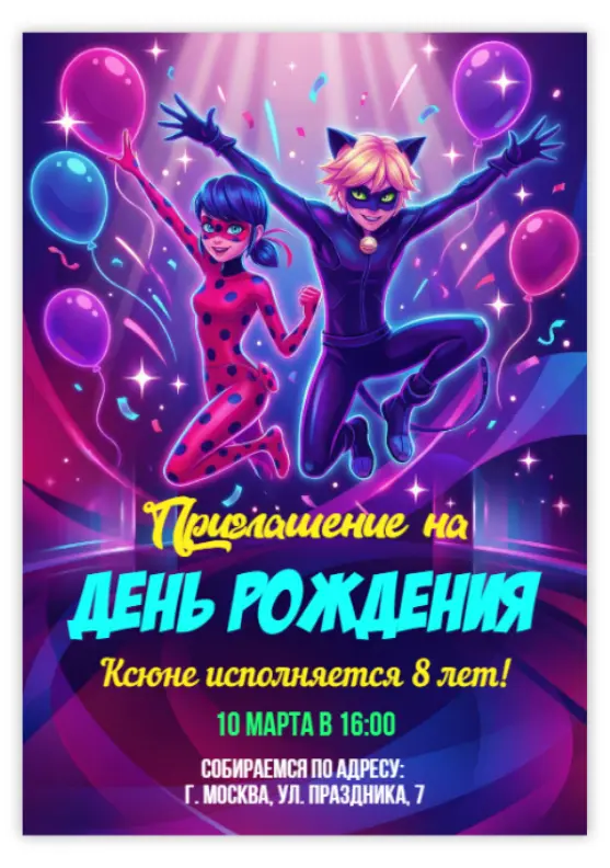 Приглашение на день рождения с Леди Баг и Котом Нуаром