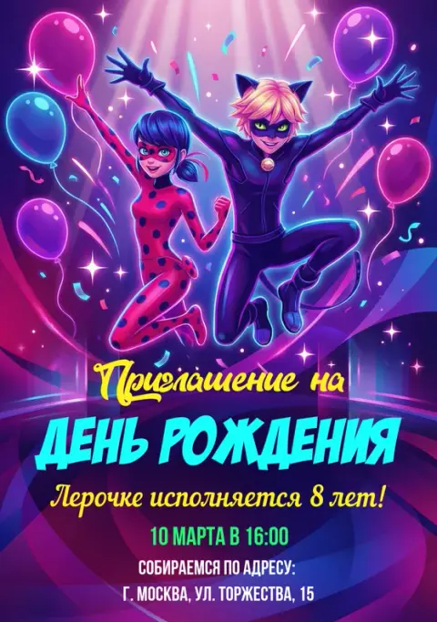 Приглашение на день рождения с Леди Баг и Котом Нуаром
