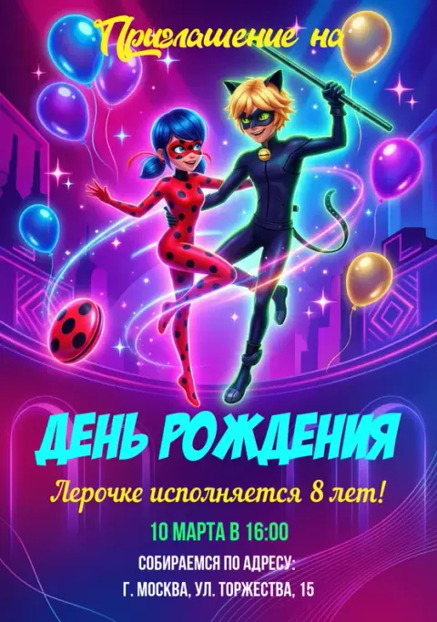 Приглашение на день рождения с Леди Баг и Котом Нуар
