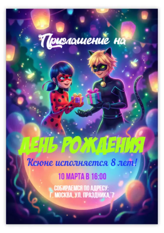 Приглашение на праздник с Леди Баг и Котом Нуаром