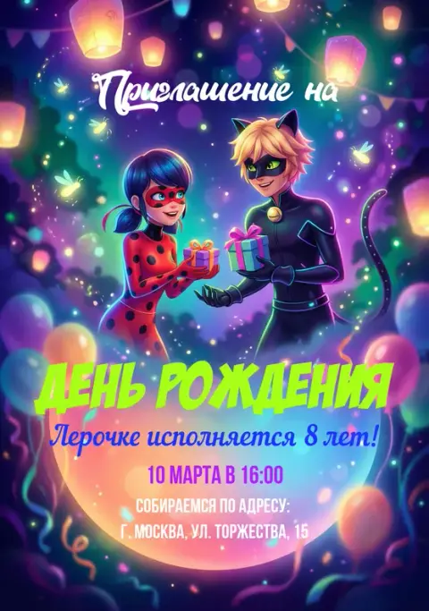 Приглашение на праздник с Леди Баг и Котом Нуаром
