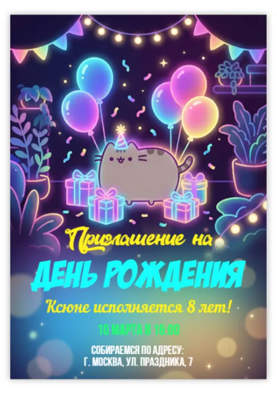 Приглашение на день рождения в стиле неоновой сказки с котиком