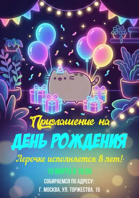 Приглашение на день рождения в стиле неоновой сказки с котиком